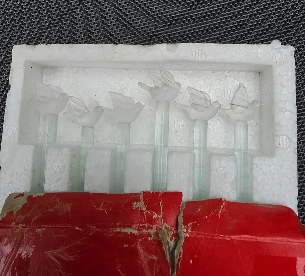 6 Vintage Glass Swizzle Sticks Set Frosted Bird Cocktail Drink Stirrers In Box